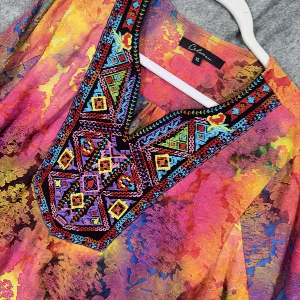 Calessa Blouse Tunic Womens XL Multicolor Aztec Burnout Embroidered